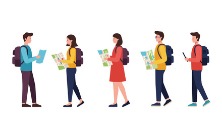 Obraz premium Modern travelers with backpacks and maps in flat style