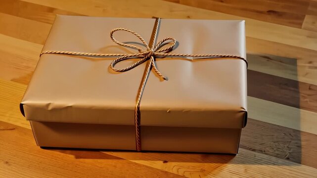Beautifully Wrapped Gift Box with Simple Brown Paper and Elegant String Bow on Wooden Surface