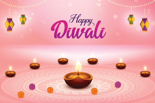 Happy Diwali Greetings With Diyas And Hanging Paper Lantern Lights On Pink Background. Indian Festival Of Lights Banner Concept For E-commerce Greetings, Poster, Etc.