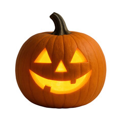A carved pumpkin with a smiling face, glowing brightly from within, showcasing classic Halloween themes.