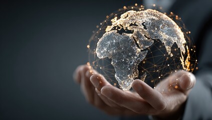 A person's hands hold a 3D holographic representation of Earth, overlaid with a network of interconnected lines