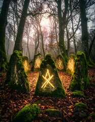Mystical stone circle in a misty forest