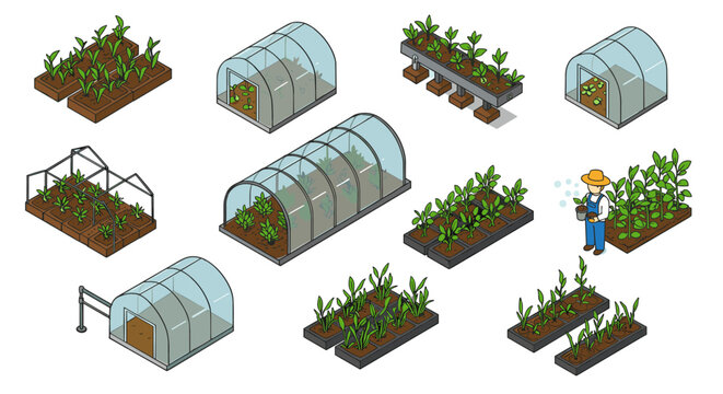 Isometric greenhouse farming: diverse plant growth and gardening techniques