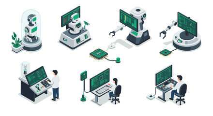 Isometric robotics and ai technology concept with circuit and computer interfaces