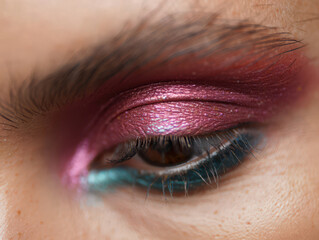 Detailed Close-Up of an Eye with Shimmering Pink and Purple Eyeshadow and Teal Eyeliner Highlighting the Beauty of Cosmetic Artistry
