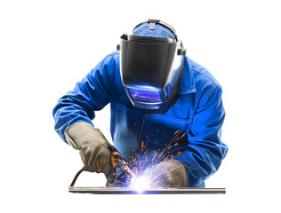 Professional Welder at Work with Bright Sparks and Protective Gear isolated on a transparent background