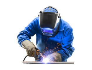 Professional Welder at Work with Bright Sparks and Protective Gear isolated on a transparent background