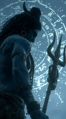 Obraz premium Close up of lord shiva holding trident with glowing symbols in the background