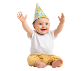 Cute Baby in Party Hat Smiling with Hands Up isolated on a transparent background