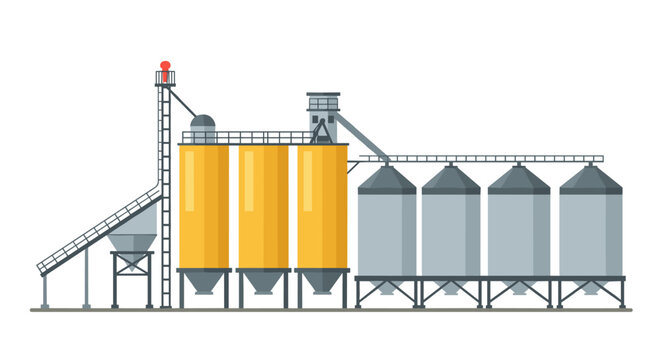 Modern industrial grain silos with yellow and gray structures on white background