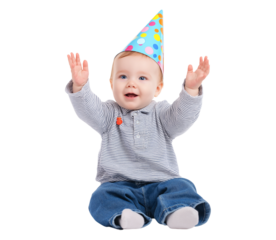 Joyful Baby in Colorful Party Hat with Hands Up isolated on a transparent background
