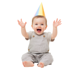 Joyful Baby's First Celebration: Adorable Infant in Party Hat, Hands Up in Excitement isolated on a transparent background