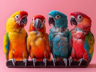 Four vibrant and colorful aws with plumage in red blue yellow and orange stand together on a perch against a bright pink background