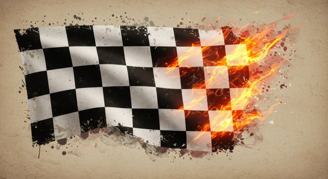 Dynamic checkered racing flag with fiery effect symbolizes victory and speed