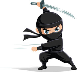 Cartoon ninja with sword in action pose, fierce warrior character, black outfit, martial arts fighter, animated vector, Japanese style.