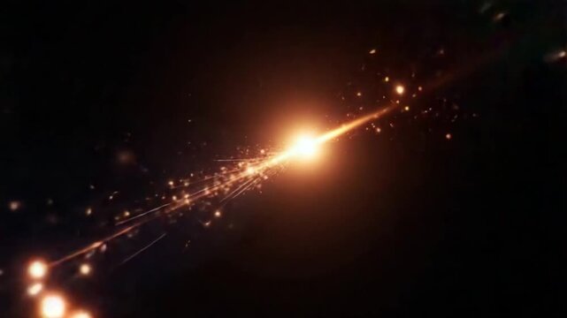 Moving bright stars with shining rays on black background. Motion. Movement in bright stream with energy lines. Hyper-jump in outer space