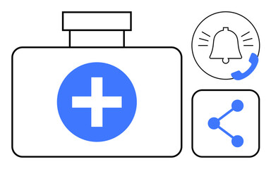Medical first aid box with cross icon, notification bell with call alert, and share symbol. Ideal for healthcare, emergency response, communication, applications, medical services, safety promotion