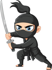 Cartoon ninja with sword in action pose, fierce warrior character, black outfit, martial arts fighter, animated vector, Japanese style.