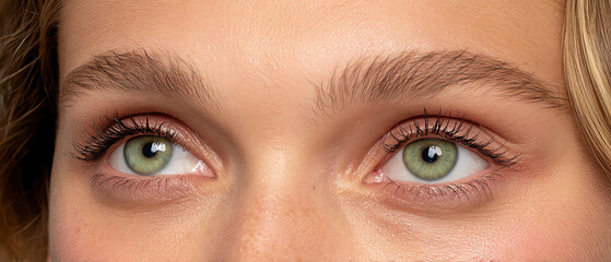 Naklejka premium Close-up of a person’s face focusing on green eyes with natural eyelashes and skin texture, highlighting detailed eye features and light reflections