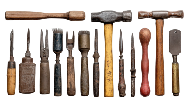 Assortment of Vintage Nut Cracking Tools on Transparent Background