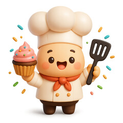 3D claymation illustration of a cute chef mascot holding a pink cupcake. Concept of sweet food, dessert, baking and confectionery.