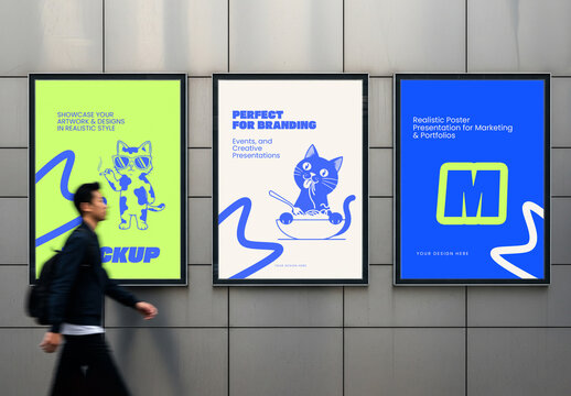 Three Realistic Poster Frame Mockup PSD