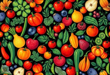Geometric fruit & vegetable mosaic seamless pattern  Bauhaus style vector illustration,   nutrition,  design
