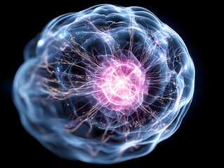 A glowing, translucent cell with a vibrant pink nucleus and intricate network of filaments radiating outward, symbolizing biological complexity and microscopic life