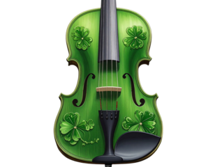 Front View of Green Violin Decorated with Shamrocks, Transparent Background PNG