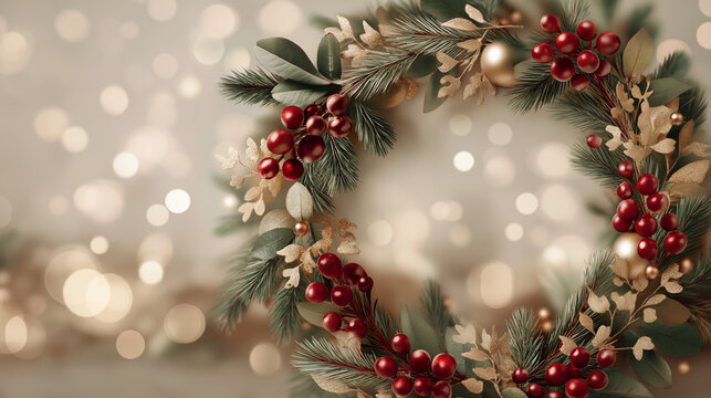 Festive christmas wreath with red berries and golden ornaments on bokeh lights