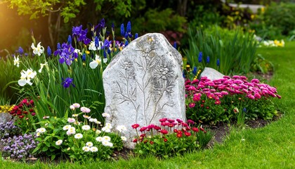 Ornate stone centerpiece in a flower garden
