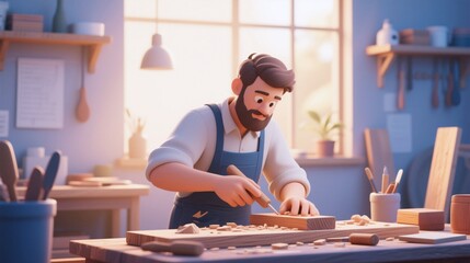 3D illustration of a focused craftsman carpenter carving wood in a cozy workshop. Concept of hobby, handmade craft, small business, woodworking skill and creativity.
