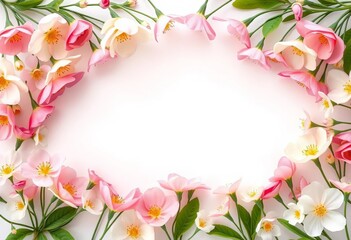 Pastel spring blooms form a delicate frame on a white background, ample copy space, background, minimal