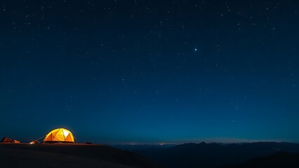 Fototapeta premium Starry mountain landscape at night with an illuminated tent under the milky way, serene and vast.