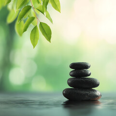 Stacked black stones balanced on water surface with green leaves hanging above, set against a soft, blurred green and beige natural background evoking calmness and relaxation