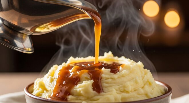 Savor the rich, steaming gravy cascading over fluffy mashed potatoes for ultimate comfort food bliss