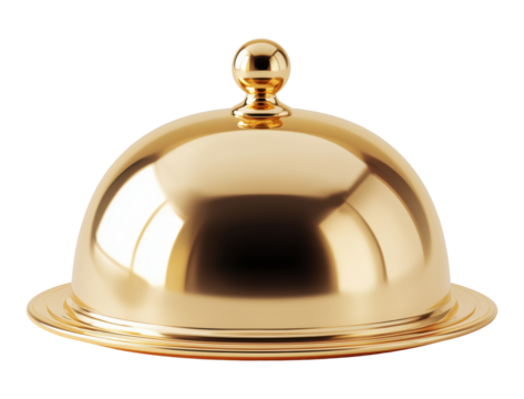 Gold metallic serving dome with handle isolated on transparent background
