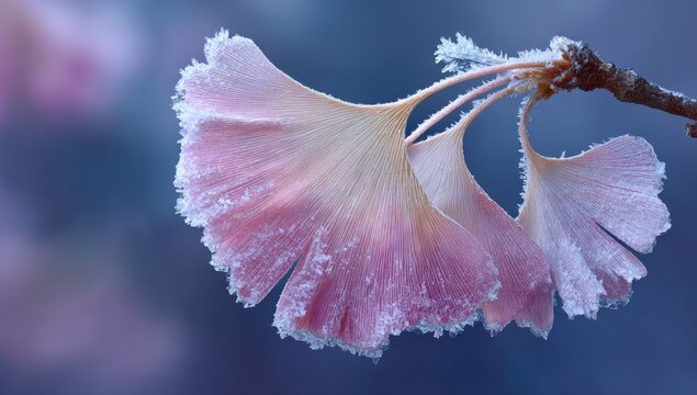 Frosted pink gingko leaves on branch