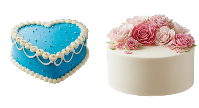 Two cakes displayed on stands one is heart shaped and blue the other is round with pink flowers on top