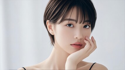 Naklejka premium 顔の近くに手をそえるショートヘアの女性