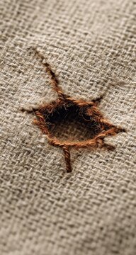 Close-up of a bullet hole in beige fabric