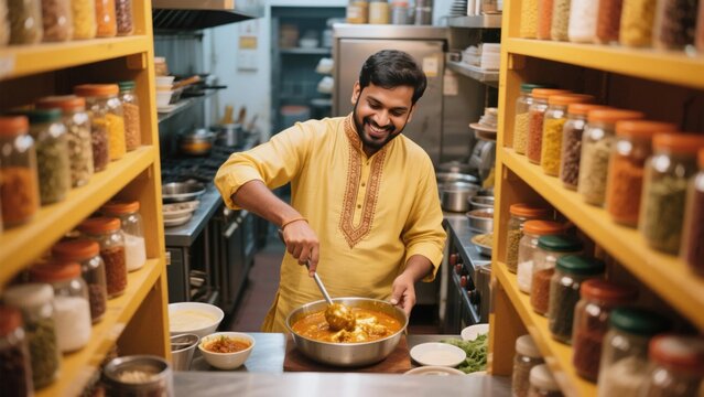 Indian chef cooking with spices in authentic restaurant kitchen. Concept of small business, culinary passion, and traditional craftsmanship.