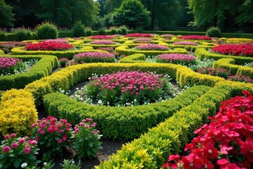 Intricate geometric patterns created by meticulously planted flowers and shrubs in a vibrant, formal garden  A stunning display of horticultural design and symmetry , botany, cultivation