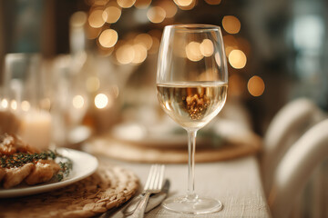 A glass of white wine on a warmly lit dining table set for a cozy meal with blurred lights and plates in the background, creating an inviting atmosphere