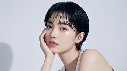 濡れ髪で頬杖をつくクールな表情の女性