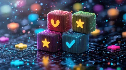 Four colorful, glowing cubes, stacked, with various symbols like hearts and stars, sit on a circuit board background.  Sparkles and colored dots are scattered around