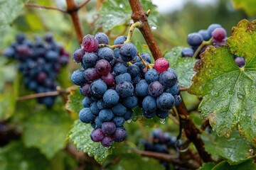 Clusters of dark purple grapes covered in dew