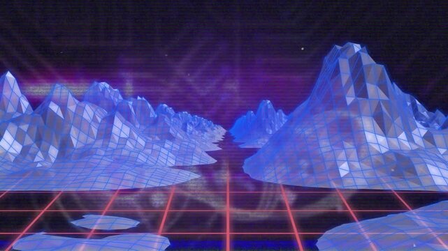 Animation of glowing blue mountains over grid and digital mountains