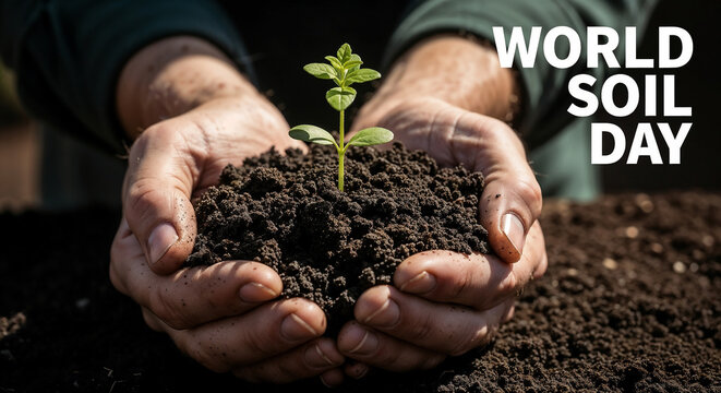 Hands holding fresh soil with a small plant on World Soil Day, showcasing growth and sustainability. World Soil Day emphasizes importance of soil health and environmental care. - Powered by Adobe