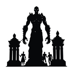 Silhouette vector giant silhouette figure among small people and ancient architecture